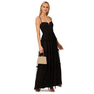 Adrianna Women's Ruffle Tiered Mesh Sleeveless Gown Black Size 4